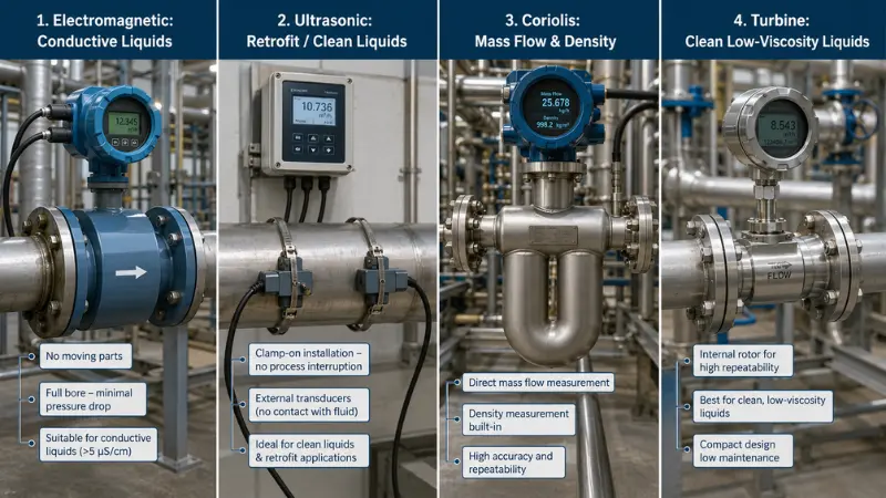 Comparison of electromagnetic ultrasonic Coriolis and turbine flow meters for industrial flow measurement Comparison of electromagnetic ultrasonic Coriolis and turbine flow meters for industrial flow measurement
