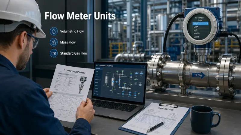 Flow meter units shown on an industrial transmitter with m³/h, GPM, kg/h, Nm³/h and SCFM labels Flow meter units shown on an industrial transmitter with m³/h, GPM, kg/h, Nm³/h and SCFM labels
