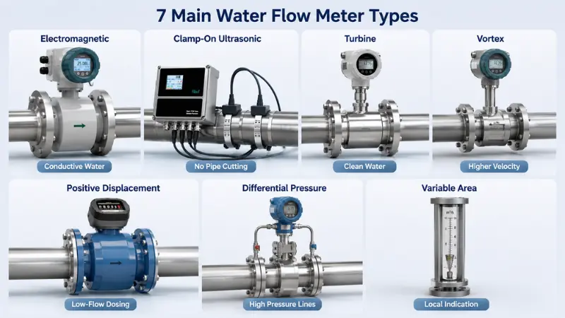 Main types of water flow meters including magnetic ultrasonic turbine vortex positive displacement differential pressure and rotameter Main types of water flow meters including magnetic ultrasonic turbine vortex positive displacement differential pressure and rotameter