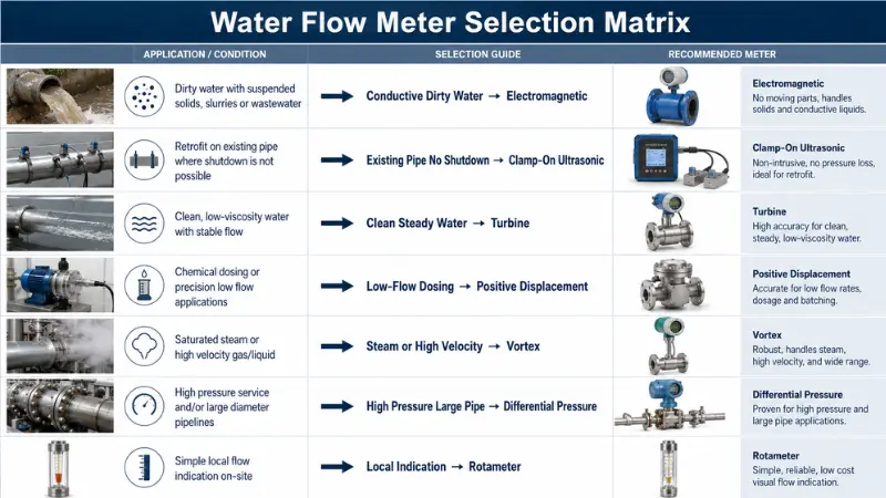 Water flow meter selection matrix by water condition installation flow range and application Water flow meter selection matrix by water condition installation flow range and application